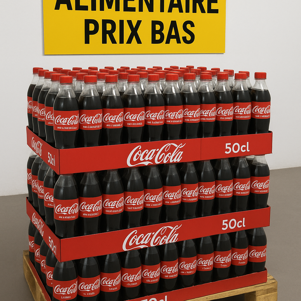 Palette de bouteilles Coca-Cola 50cl en déstockage alimentaire, conditionnée en 48 packs de 12, sous une pancarte "Prix bas".