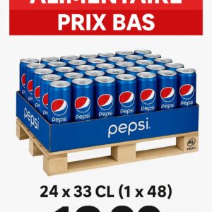 Palette de canettes Pepsi 33cl en déstockage, 24 packs de 24 canettes conditionnés sur palette bois.